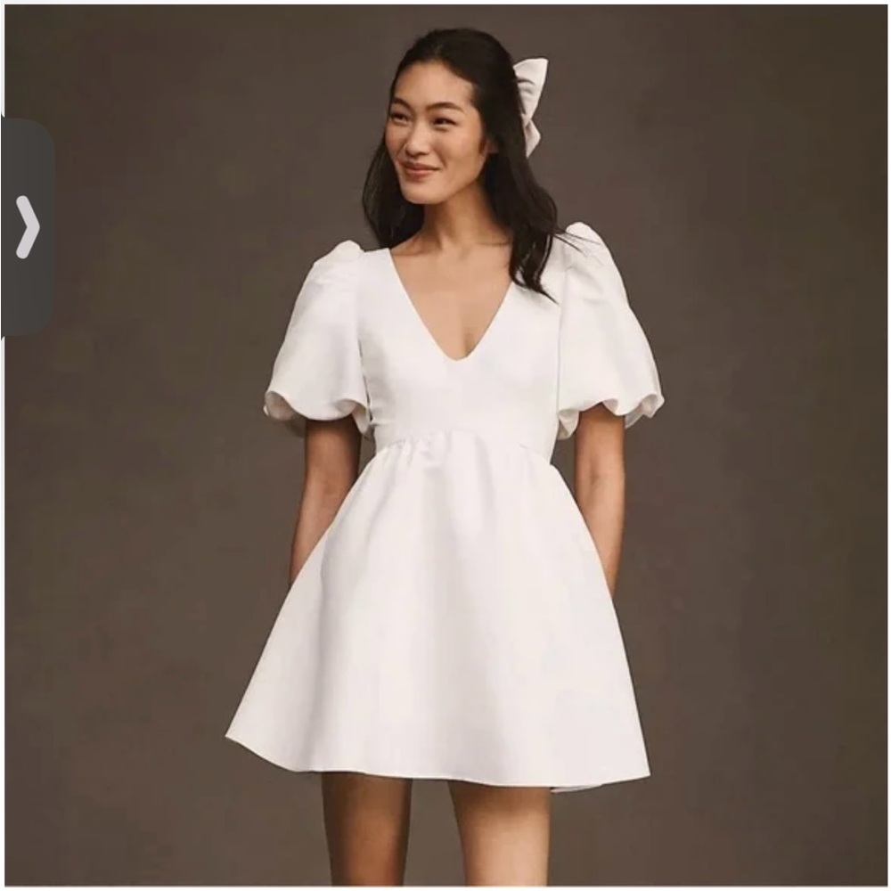 Anthropologie Sachin + Babi Beverly Puff Sleeve Deep-V Mini White Dress